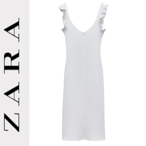 012 Zara | EUC Turkey White Ribbed Midi Dress with Buttons (Size S) - Picture 3 of 7
